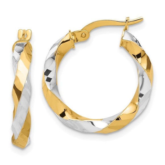 14K with White Rhodium Polished and Diamond-cut Twisted Hoop Earrings - Picture 1 of 4